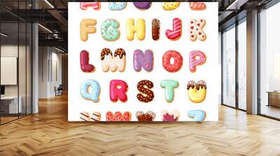 Alphabet fro sweet pastries set. Colorful canddy font made from baked goods donuts with cream desert for kids decorative cakes letters numbers Vector cartoon delicious Wall mural