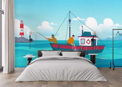 fishing background. fisherman with rods standing on boat in ocean vector happy sailors outdoor cartoon template Wall mural