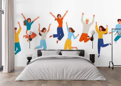 People happy jumping set. Young funny teens large group guy, girl, jumping together joy lifestyle celebration victory team smiling students celebrates success. Color cartoon vector. Wall mural