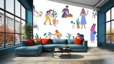 plants care. botanical gardener characters set, characters taking care houseplants garden green ecology. vector cartoon minimalistic characters collection. Wall mural