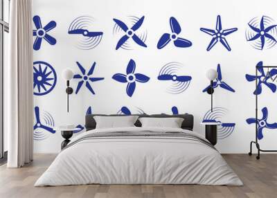 Propellers large set. Retro modern coolers turbine rotary helicopter blades airplanes turbulence stylish ventilation cooling systems graphic power air flow ship rotation energy. Vector aerial. Wall mural