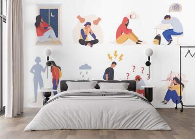 Tired sad people depressed. Lonely pain young girl guy suffering domestic violence exhausted sad teenagers tomorrow depression pressure loved ones despair sadness. Cartoon color vector. Wall mural