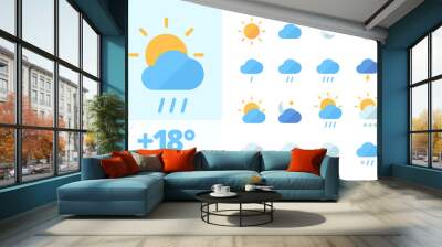 Weather set icon . Climatic fluctuations in world heavy rains lightning cooling cloudy sunny month snowfall snowflake cloudy day clear weather night meteorological forecast. Flat vector icons. Wall mural