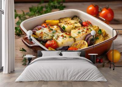 Delicious baked codfish with vegetables Wall mural