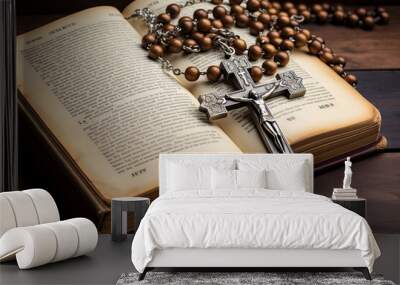 Vintage rosary with crucifix on an open Bible Wall mural