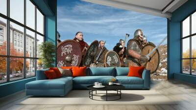 Vikings are go on the offensive. Medieval Reenactment. Wall mural