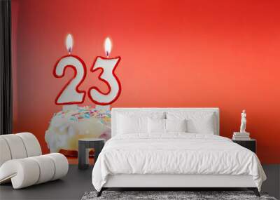 Twenty three years birthday. Cupcake with white burning candle in the form of number 23. Vivid red background with copy space Wall mural