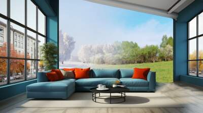 Two seasons. Beautiful panoramic landscape in summer and winter Wall mural