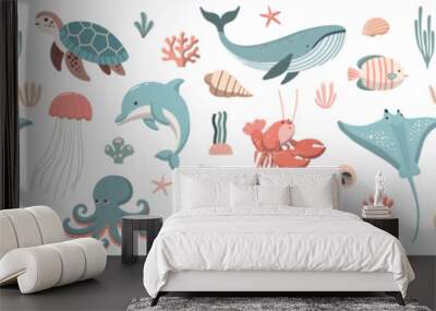 Childish seamless border pattern with underwater animals, corals and seaweed. Perfect for kids fabric, wallpaper, wrapping paper. Isolated on white background Wall mural