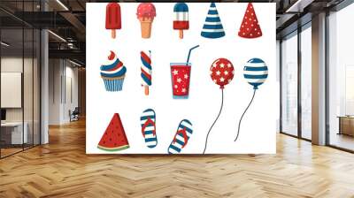 Patriotic children party food and decorations set for Independence day. Isolated on white background. 4th of July birthday accessory collection Wall mural