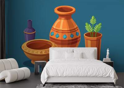 3d brown ceramic flower pot. Terracotta vase isolated porcelain tube. cylinder pipe bottle collection. Decorative pottery sculpture empty mockup. Vertical tall clay vessel or urn render design. Wall mural