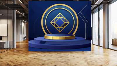 3d Dark blue circle podium display with Abstract gold geometric shape luxury concept. Vector Illustration Wall mural