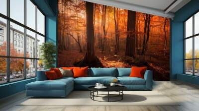 a chaotic mix of earthy browns and fiery oranges evoking the sensation of being lost in a dense forest Wall mural