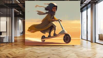 a girl on a futuristic flying scooter in the desert, created by a neural network, Generative AI technology Wall mural