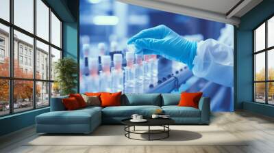 a hand in hygienic gloves and test tubes with medicine, pharmaceutical research Wall mural