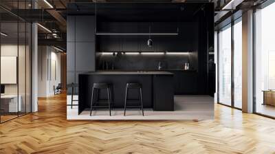 A luxurious modern black kitchen with a sleek aesthetic and dark theme, epitomizing sophistication and opulence. Wall mural