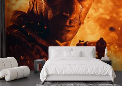 a man with a gun against a background of fire, an action movie poster Wall mural