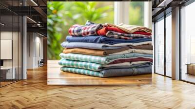 A pile of clothes on a table, with a green and white checkered shirt on top Wall mural