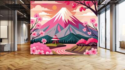 a pink inspired mountain fuji wallpaper, cherry tree style Wall mural