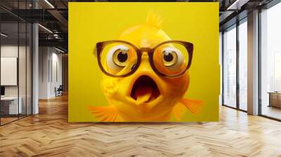 a shocked fish with glasses on a yellow background, created by a neural network, Generative AI technology Wall mural