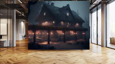 a tavern in a foggy medieval twilight forest village, created by a neural network, Generative AI technology Wall mural