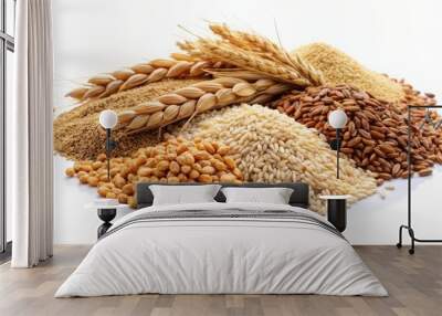 A variety of grains and seeds are piled on a white background Wall mural