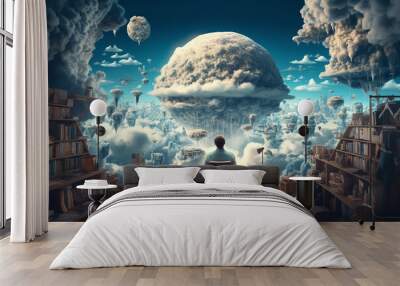 a young guy among books and clouds, the world of dreams, reading literature, created by a neural network, Generative AI technology Wall mural