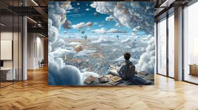 a young guy among books and clouds, the world of dreams, reading literature, created by a neural network, Generative AI technology Wall mural