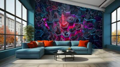 Abstract 3d city rendering with lines and digital elements on hexagonal basis. Technology smart city management internet of things IoT connection concept illustration. Wall mural