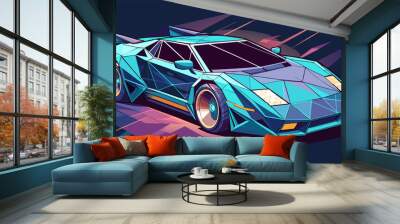 Abstract futuristic speeding sports car. Automotive banner. Low polygons, triangles, wireframes, and particle style. Vector illustration Wall mural