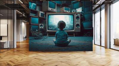 an abandoned child is sitting on the floor in front of televisions, the concept of media influence and parenting, created by a neural network, Generative AI technology Wall mural