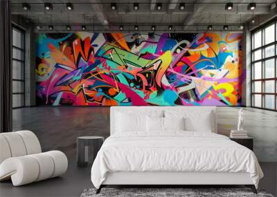 An empty interior background with colorful abstract graffiti on fron wall Wall mural