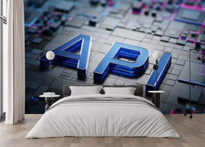 API - Application Programming Interface. API inscription on a technological background. operating system software development tool. 3D rendering. Wall mural