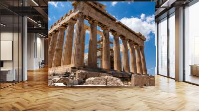 Athenian pantheon close up. Columns of the Athenian pantheon. Marble columns of an ancient temple. restored Athenian pantheon Wall mural