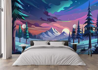 Aurora borealis landscape in nordic arctic forest, pines and snow sunset mattepainting illustration Wall mural