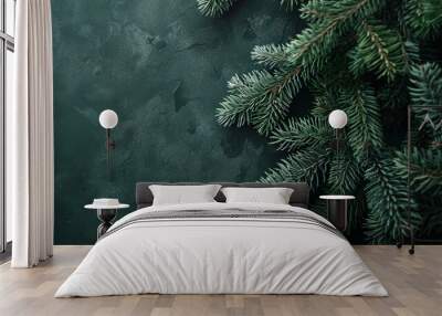 Beautiful christmas background with green fir tree brunch close up. Copy space, trendy moody dark toned design for seasonal quotes Wall mural