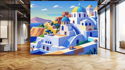 beautiful santorini greece panoramic background, travel holliday summer wallpaper, 3d render, 3d illustration Wall mural