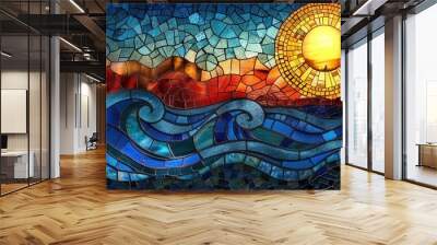 Marine Mosaic, Right-Side Sun, Stained Glass Illusion with Ocean Wave
 Wall mural