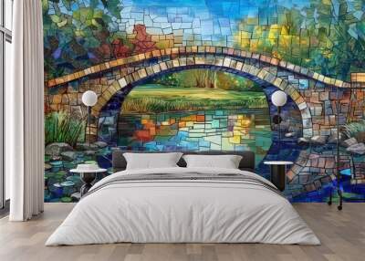 Mosaic. A bridge spans the river on a beautiful, sunny day, creating a Stained Glass Illusion amidst the surrounding nature.
 Wall mural