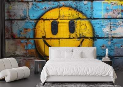 Yellow smiley face painted on an old wall in graffiti style
 Wall mural