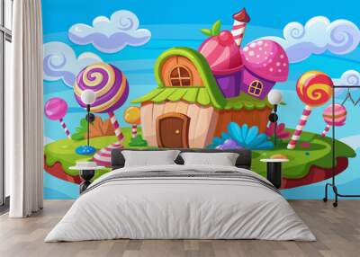 Candy land house. Sweet chocolate cartoon game set. Fantasy confectionery building with cane, lollipop and grass on island. Magic dream cookie dessert for party in fantastic candyland ui world Wall mural