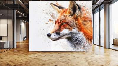 A close-up image of a red fox sitting on a white background, looking directly at the camera Wall mural