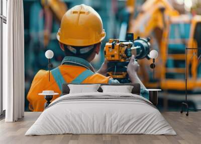 A construction worker capturing a moment with a camera, potential for use in workplace or hobby related images Wall mural