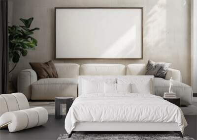 A cozy living room with a white sofa and a potted plant, perfect for relaxation Wall mural