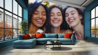 A group of young women posing for a photo, smiling and happy Wall mural