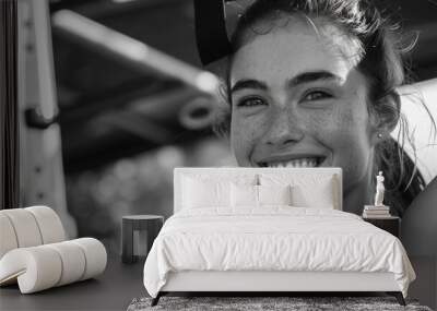 A happy woman with a warm smile in a classic black and white photo Wall mural