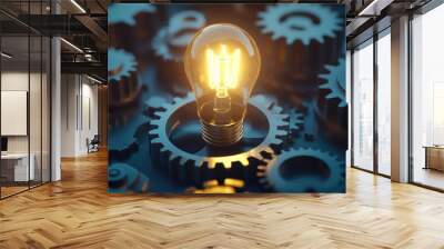 A light bulb sits atop a pile of mechanical gears, ready to illuminate the surrounding machinery Wall mural