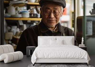 A person sitting at a desk or table looking at their mobile device Wall mural