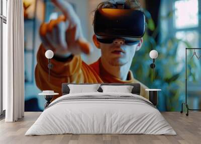 A person wearing a virtual reality headset in a living room setting, perfect for depicting modern technology and entertainment Wall mural