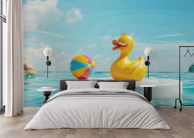 A playful scene with a rubber duck and a beach ball floating in calm water Wall mural